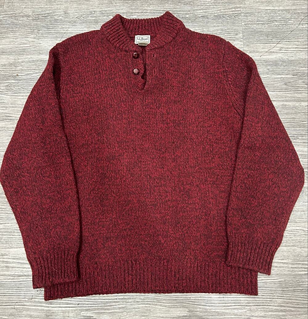 Vintage L.L. Bean Lambswool Button Mock Neck Sweater Burgundy Maroon Men's XL